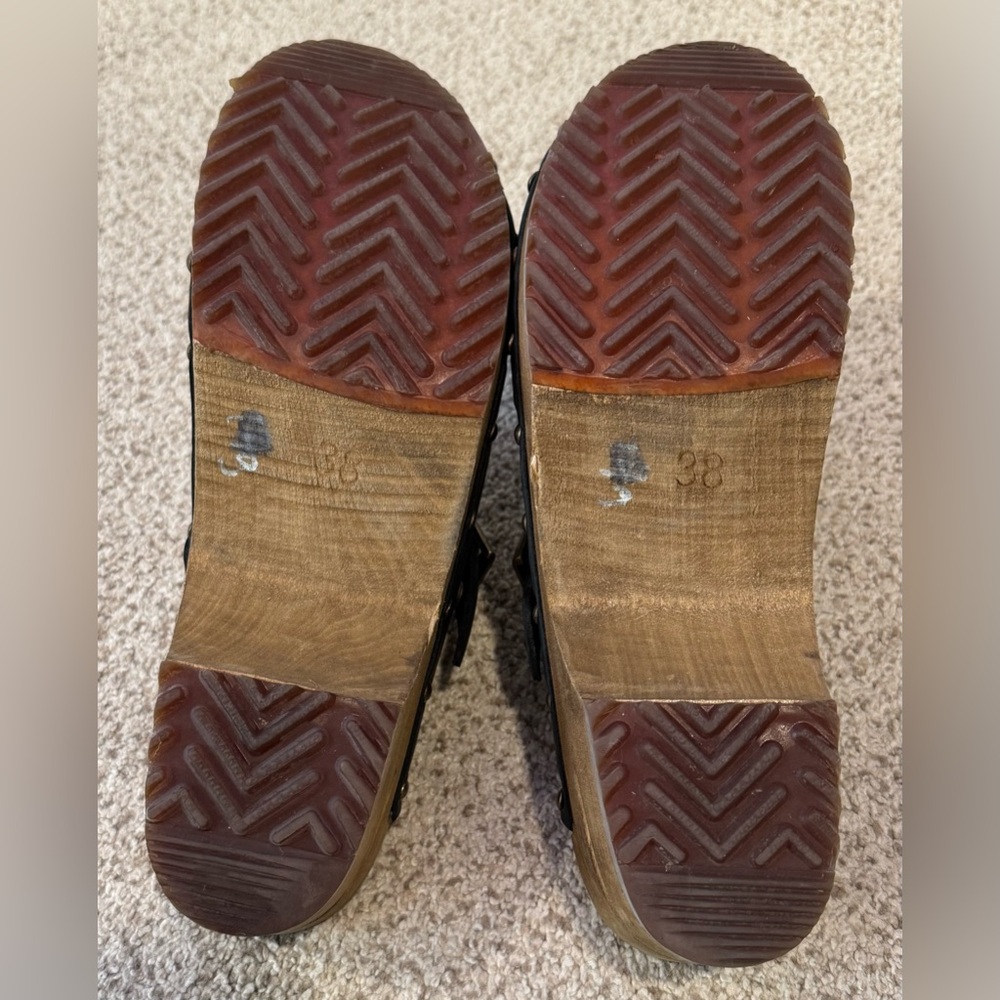 Sanita Kristel Black Nubuck Leather Wood Studded Clog Mule Shoes w/ Buckle - Picture 10 of 15